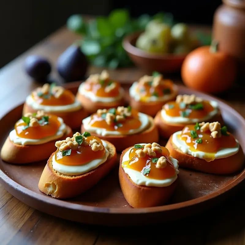 Crostini de pan francés tostado dorado con una capa cremosa de queso azul, cubiertos de mermelada de higos brillante, un hilo de miel dorada y nueces picadas. Plato rústico de madera con fondo borroso, receta de crostini queso azul y mermelada de higos.