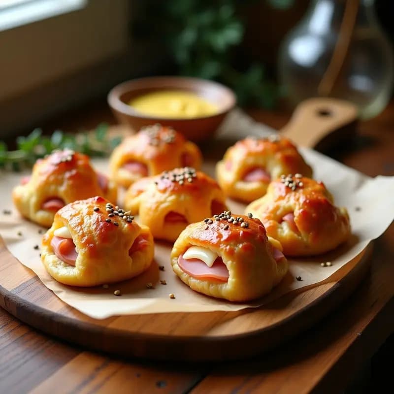 Bandja de madera rústica con seis crousillants de jamón york y queso gruyère dorados y crujientes, servidos sobre papel de horno. Al fondo, un cuenco con salsa de yogur y miel, y semillas de sésamo espolvoreadas por encima. Receta de crousillants en airfryer.