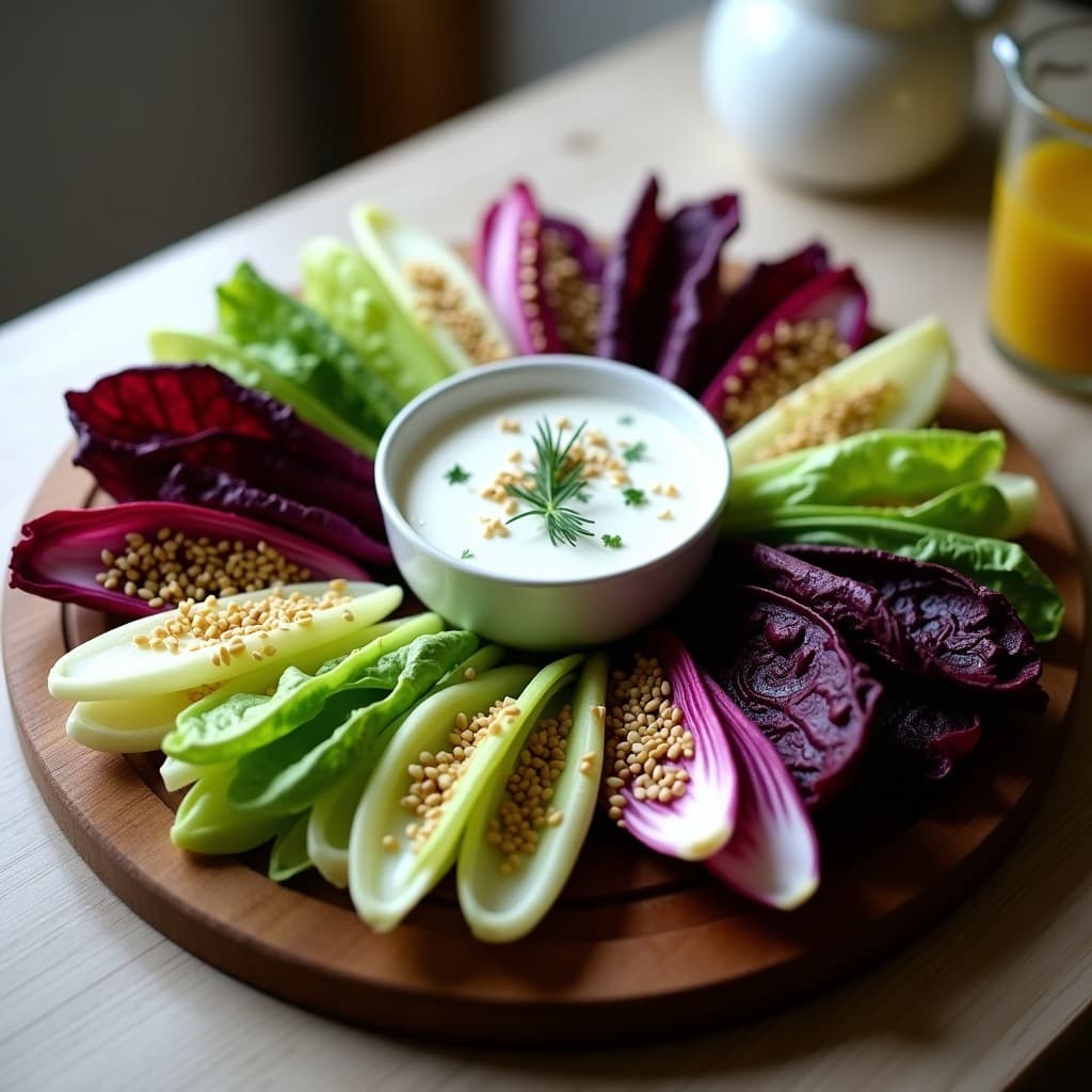 Bandeja de madera con crudités de endibia y radicchio morado cortados en bastones y cuñas, acompañados de un dip cremoso de yogur de soja y eneldo en un cuenco pequeño. Semillas de sésamo tostado espolvoreadas sobre el dip. Presentación fresca y colorida, ideal como aperitivo vegano y crujiente.