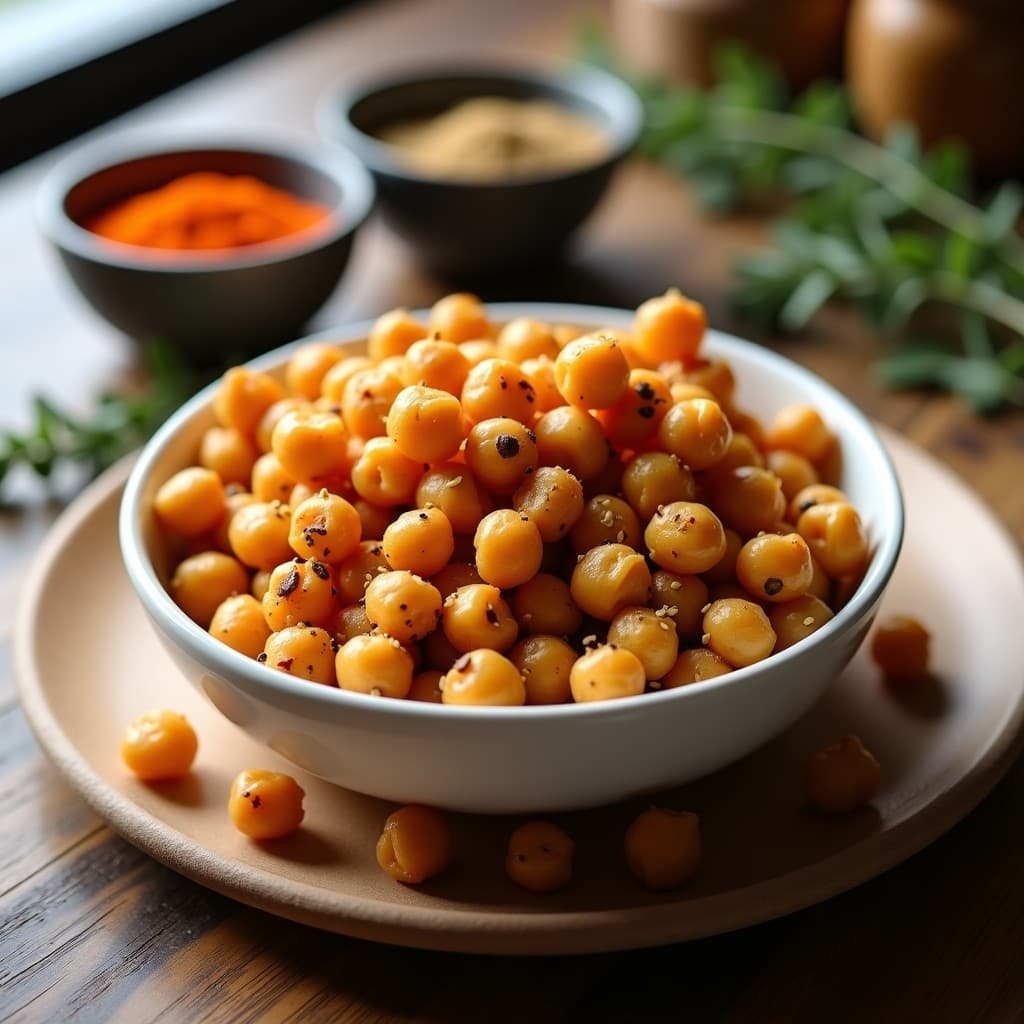 Crujientes de garbanzos dorados y esponjosos espolvoreados con zaatar y semillas de sésamo, servidos en un bol de cerámica blanca sobre una mesa de madera rústica con especias al fondo.