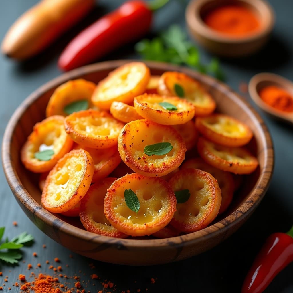 Crujientes dorados de piel de patata con pimentón de la Vera servidos en un cuenco de madera rústico, con un fondo de especias y hierbas frescas. Snack español crujiente y saludable hecho en airfryer.