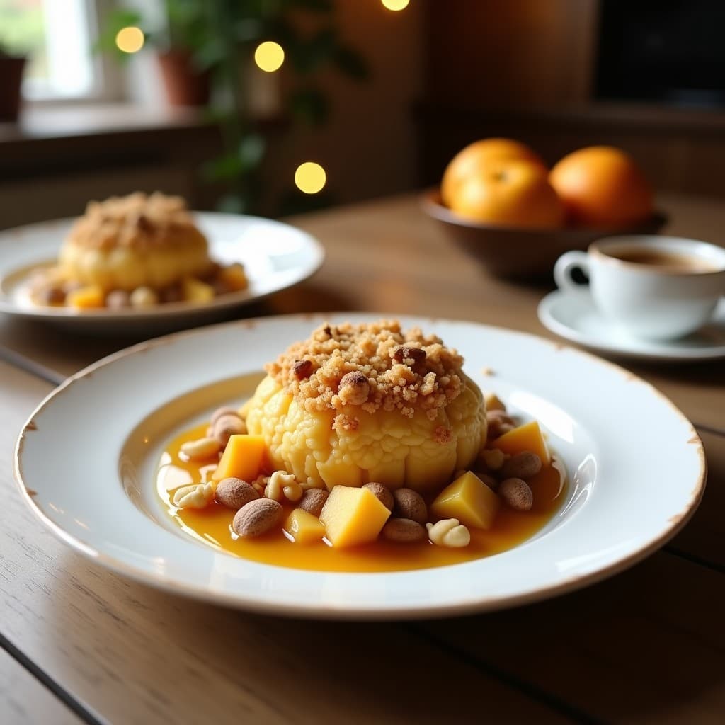 Crumble de manzana y nueces con base de harina de castaña en molde redondo, dorado y crujiente, con gajos de manzana asomando entre una capa esponjosa de color marrón claro y un topping de nueces tostadas. Postre francés sin gluten servido en porción con fondo rústico de madera.