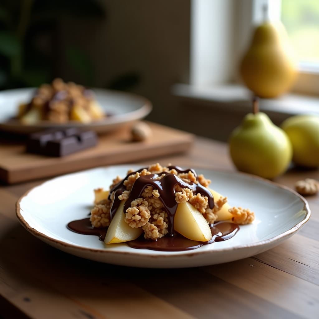 Crumble de peras y nueces con cobertura de chocolate 85% en molde cuadrado de cerámica blanca. Capas visibles: peras doradas en el fondo, crumble crujiente de avena y nueces en el medio, y brillante cobertura de chocolate negro en la superficie. Acompañado de una cucharita de plata y virutas de chocolate.