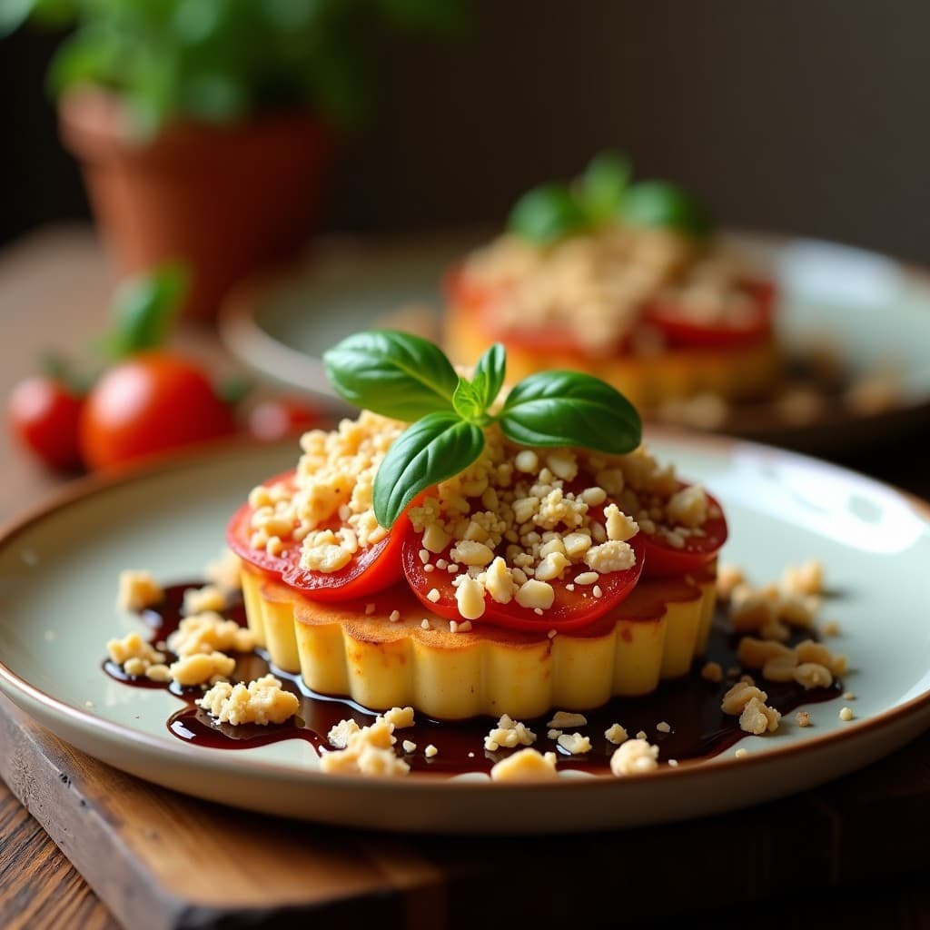 Crumble salado francés con capas visibles: base de tomates secos dorados, queso de cabra desmenuzado cremoso y topping crujiente de almendras, sésamo y pipas de girasol tostadas. Servido en moldes individuales sobre tabla de madera rústica con reducción de balsámico.