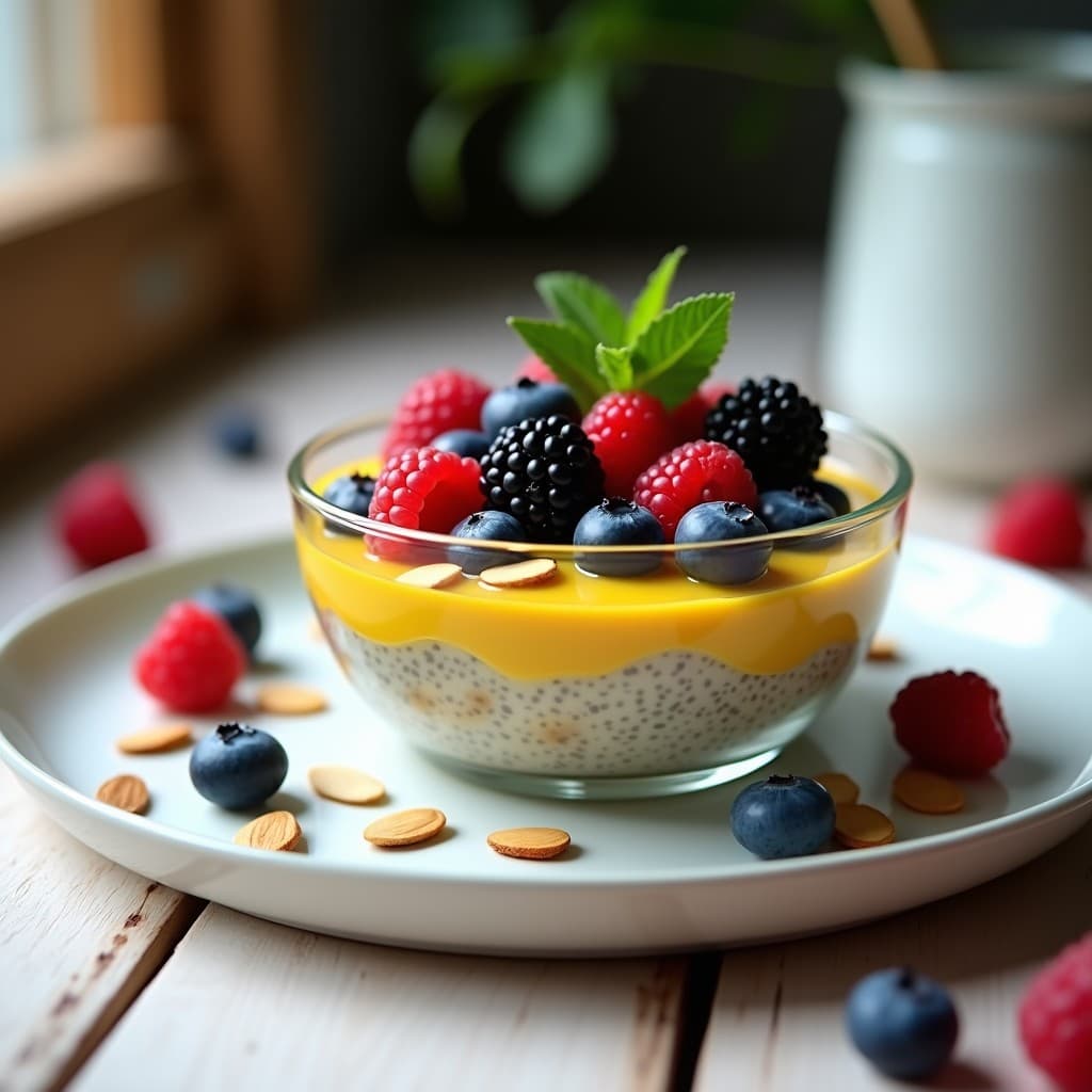 Cuenco de vidrio transparente con pudín cremoso de chía y leche de camelina, decorado con frutos del bosque frescos (arándanos, frambuesas, moras) y almendras fileteadas tostadas. Fondo rústico con textura de madera clara y hojas de menta.