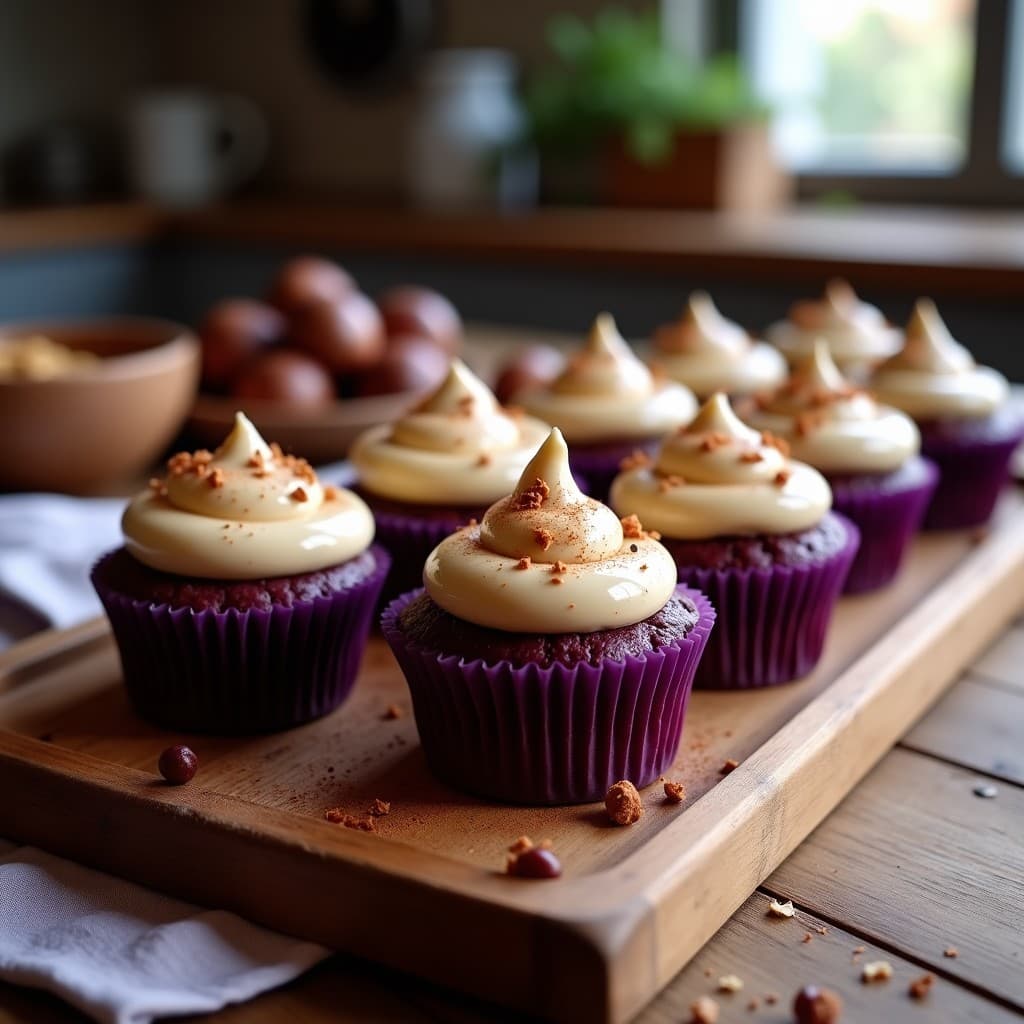 Cupcakes de batata morada con crema de castañas, postre sin azúcar y sin harina, decorados con trocitos de castaña y un toque de canela en polvo, sobre una bandeja de madera rústica.