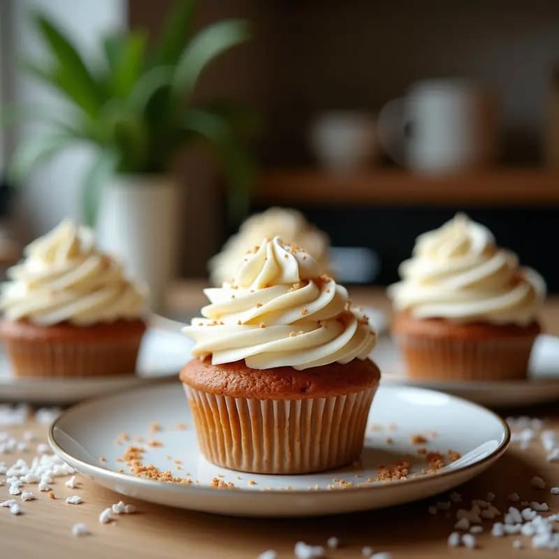 Cupcakes veganos sin horno de café y coco con frosting de aquafaba esponjoso, decorados con coco rallado y gotas de café, sobre fondo blanco minimalista.