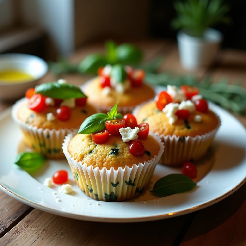 Cupcakes salados dorados de espinacas y parmesano en cápsulas de papel blanco, coronados con tomate seco picado, albahaca fresca y queso de cabra desmenuzado, sobre una mesa de madera rústica con un fondo borroso de hierbas aromáticas.