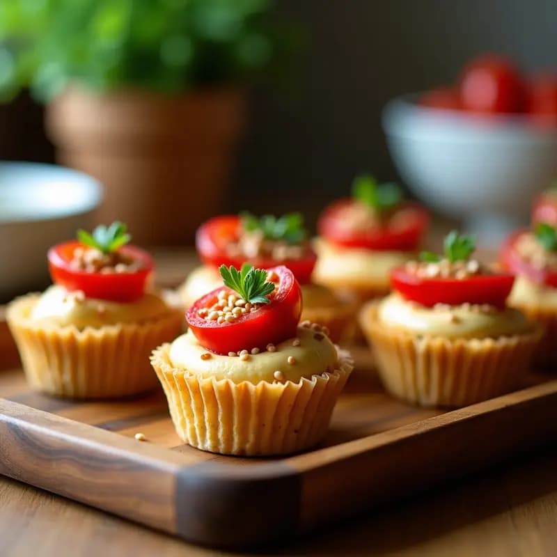 Bandeja de cupcakes salados con base dorada de garbanzo, rellenos de hummus cremoso y coronados por tomates secos brillantes, semillas de sésamo y perejil fresco. Snack proteico para tupperware.
