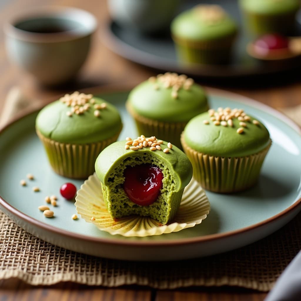 Cupcakes veganos de matcha con relleno de pasta de alubias rojas, decorados con semillas de sésamo negro, sobre una bandeja de madera rústica con té verde y flores comestibles.