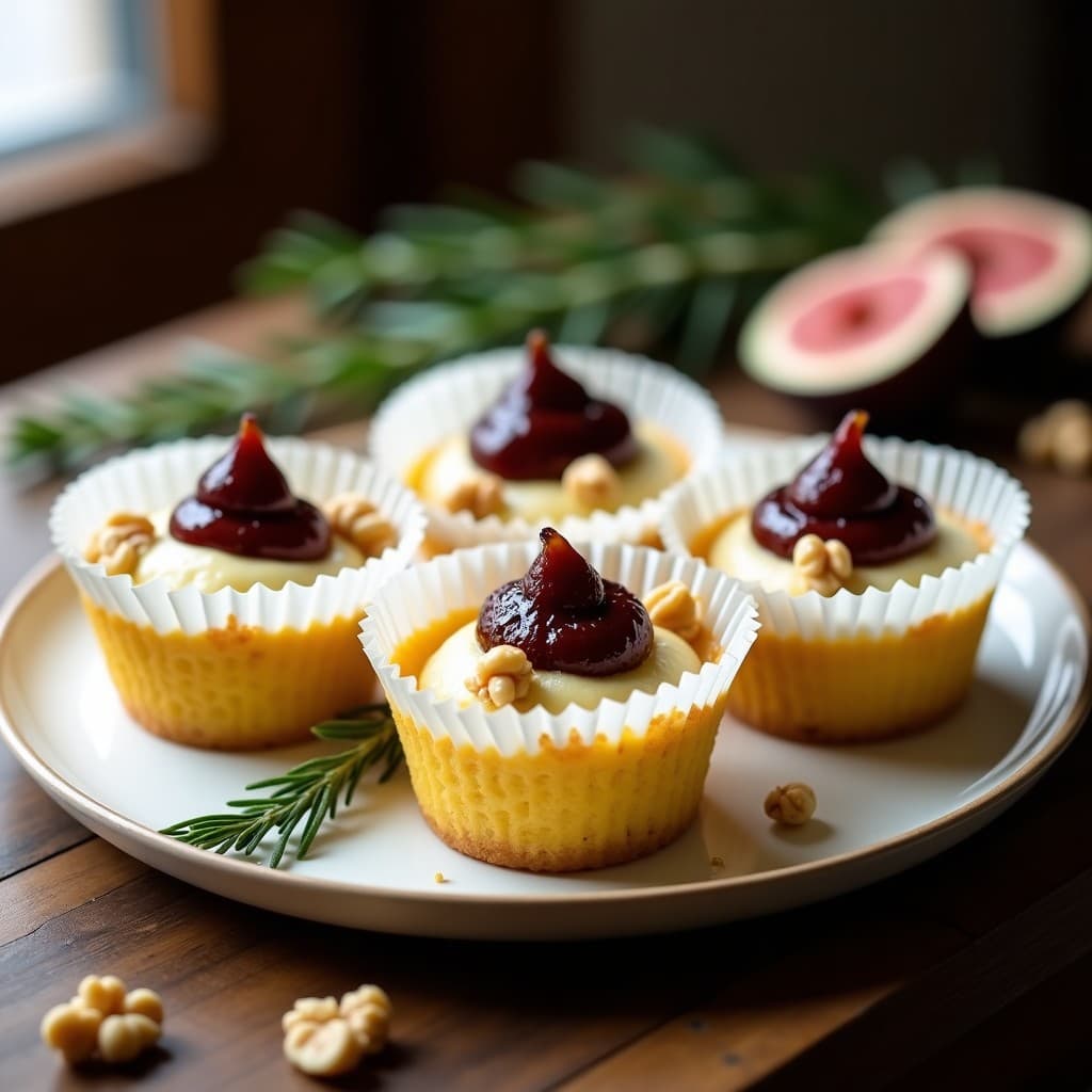 Cupcakes salados de polenta dorados en cápsulas de papel, rellenos de crema de queso de cabra y coronados con mermelada de higo brillante y nueces picadas, sobre una mesa rústica de madera con romero fresco.