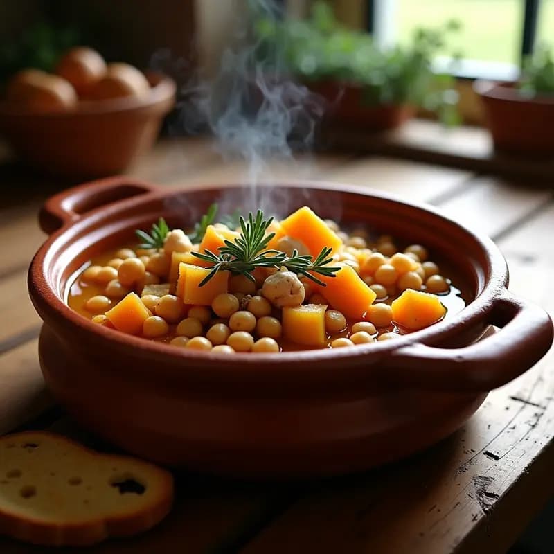 Cazuela de barro humeante con curlau valenciano, garbanzos, calabaza en cubos y trozos de morrilla, decorado con hierbas provenzales frescas.