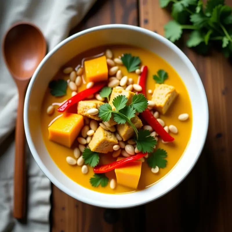 Plato hondo de cerámica blanca con curry amarillo vegano, trozos dorados de seitán, cubos de calabaza butternut y cacahuetes tostados, decorado con cilantro fresco. Fondo rústico con cuchara de madera.