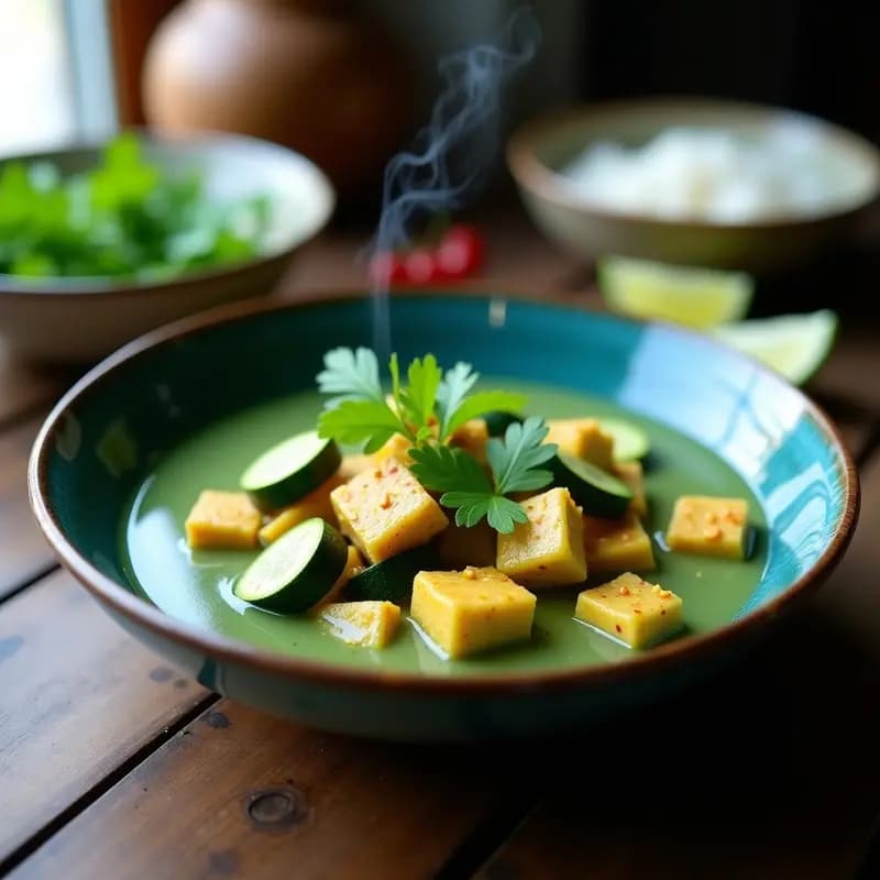 Plato hondo de cerámica con curry azul de espirulina, trozos de tofu dorado y calabacín en salsa cremosa de leche de coco, decorado con cilantro fresco y rodajas de limón, sobre fondo rústico de madera.