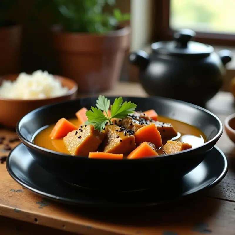 Cuenco de cerámica negra con curry de cabra japonés espeso y dorado, trozos de carne tierna, zanahorias y semillas de sésamo negro, decorado con cilantro fresco sobre fondo de madera rústica.