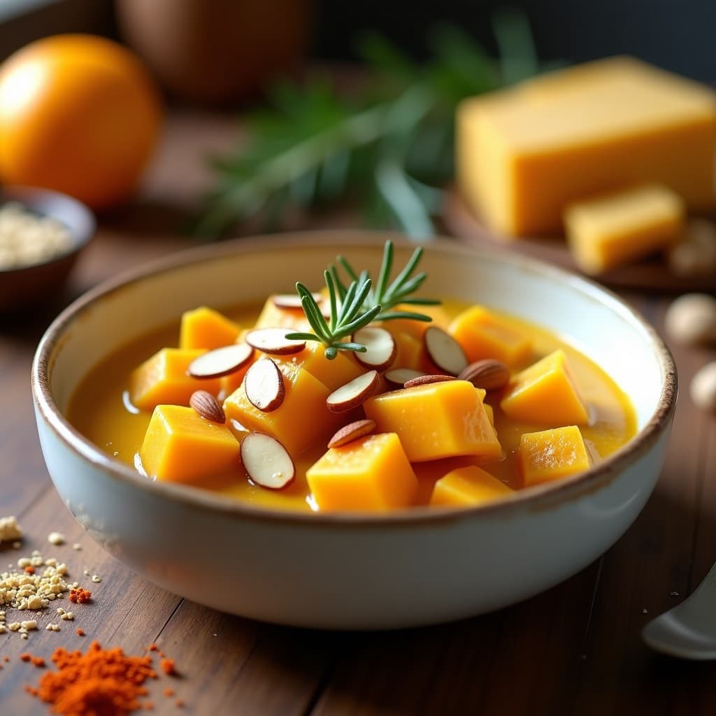 Cuenco hondo de cerámica blanca con curry de calabaza y manchego en Thermomix, textura cremosa con trozos de calabaza, decorado con almendras fileteadas y un hilo de miel. Fondos de especias y queso manchego en trozos.