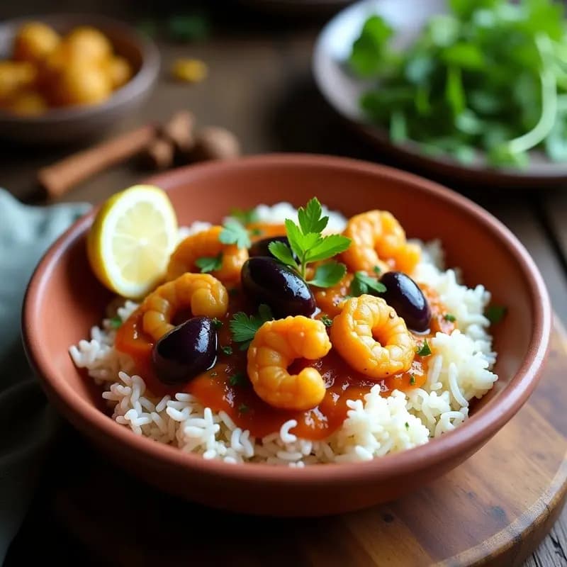 Plato hondo de cerámica blanca con curry de camarones y kokum de color rosado anaranjado, rodeado de arroz basmati esponjoso. Camarones jugosos, trozos de kokum y cilantro fresco espolvoreado. Fondo con hojas de plátano y especias indias.