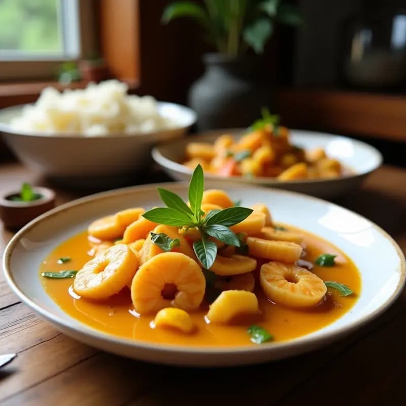 Plato hondo de cerámica negra con curry de camarones y piña tailandés, bañado en salsa cremosa de coco y curry rojo, decorado con hojas de cilantro fresco y rodajas de lima. Camarones rosados y trozos de piña dorada sobresalen entre la salsa espesa. Fondos borrosos de hierba limón y chiles rojos.