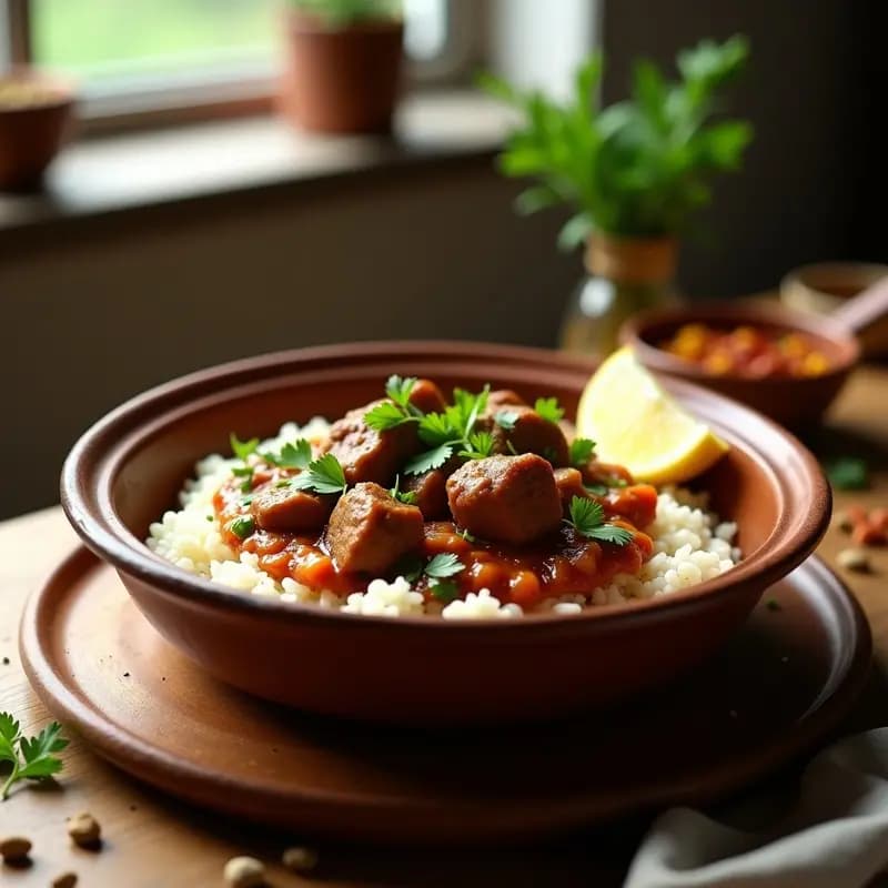 Plato hondo de barro con curry de cordero pakistaní en olla lenta, trozos tiernos de carne bañados en salsa espesa y aromática, acompañado de arroz basmatí esponjoso y espolvoreado con cilantro fresco verde. Fondos de especias como cardamomo y cúrcuma visibles en la superficie.