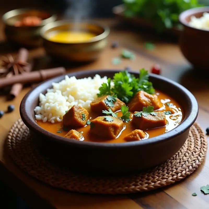 Curry de cordero con cocotero y cúrcuma servido en un cuenco de barro oscuro, con trozos tiernos de carne bañados en una salsa espesa color dorado, espolvoreado de coco rallado tostado y cilantro fresco, acompañado de arroz basmati y una rodaja de limón.