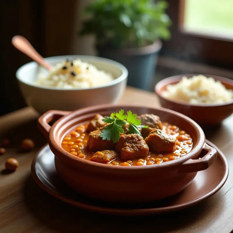Olla de barro humeante con curry de cordero y lentejas rojas en salsa espesa dorada, acompañado de arroz basmati blanco y cilantro fresco, receta india de cocción lenta y alta en hierro.