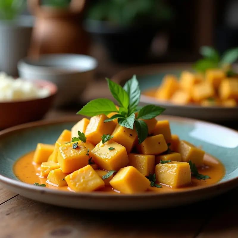 Curry tailandés de flor de calabaza y tofu ahumado en olla lenta, servido en cuenco hondo con cacahuetes y albahaca fresca, sobre fondo rústico de madera.