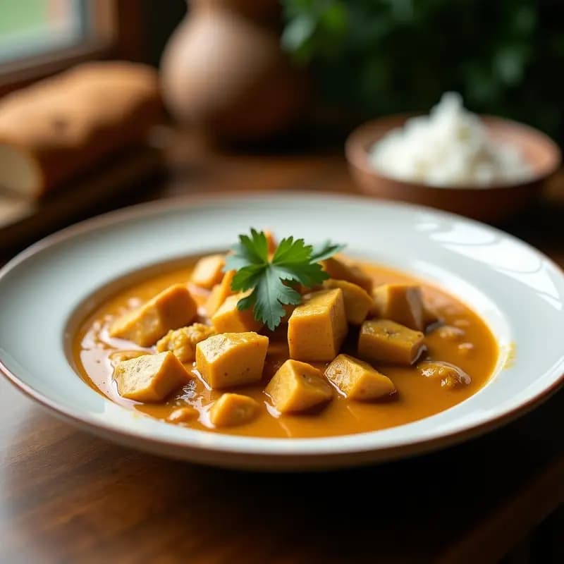 Olla de barro con curry de jackfruit y coco sri lankés vegano, espeso y cremoso, decorado con cilantro fresco y anacardos tostados, servido con arroz basmati blanco.