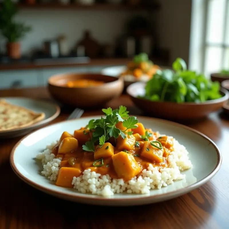 Cazuela de barro con curry de jackfruit y lechuga de mar vegano, bañado en salsa verde cremosa de leche de coco, decorado con cilantro fresco y anacardos tostados sobre fondo rústico.