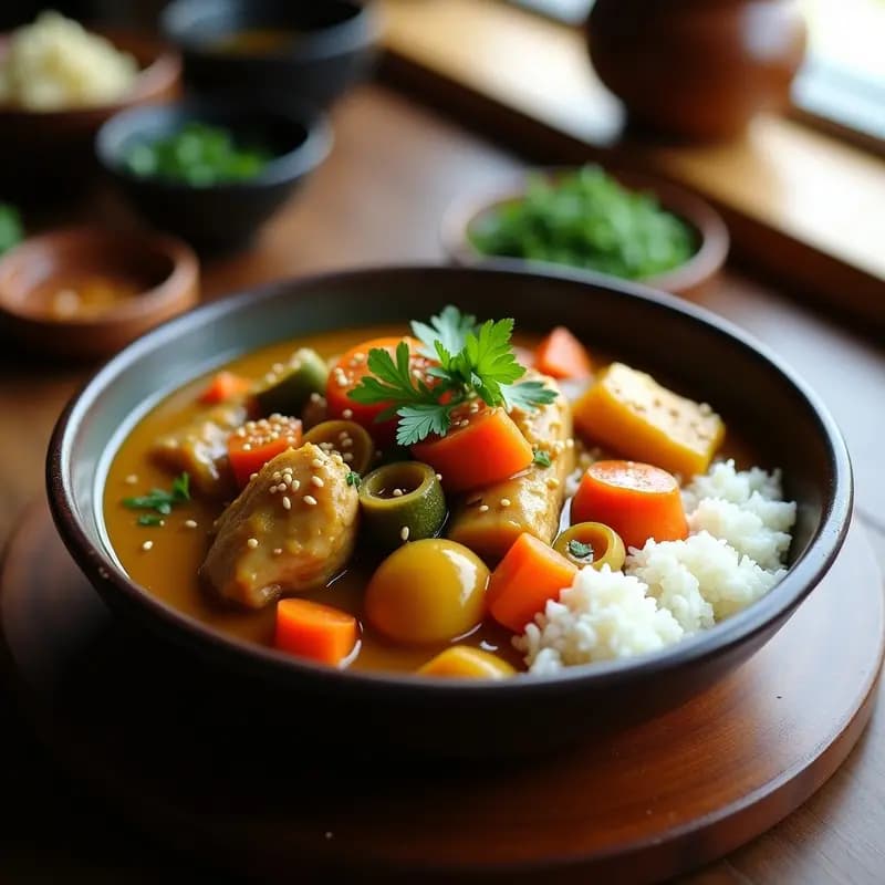 Olla de barro humeante con Curry Japan de pollo y verduras, espeso y dorado, con trozos de pollo, zanahoria, papa y pimiento bañados en una salsa cremosa. Acompañado de un cuenco de arroz blanco y decorado con semillas de sésamo y cebollino fresco. Plato típico japonés reconfortante.
