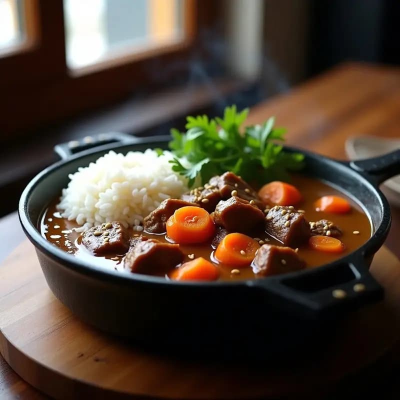 Olla de hierro negra con curry japonés espeso de carne de res y zanahorias, servido en un plato hondo blanco con arroz japonés al lado, espolvoreado con semillas de sésamo negro y acompañada de encurtidos rojos.