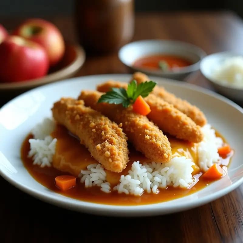 Plato blanco con Curry Japonés Katsu de pollo empanizado dorado en tiras, cubierto con salsa de curry japonesa espesa y brillante, acompañado de arroz blanco. Trozos de zanahoria y manzana visibles en la salsa, con un fondo de mesa de madera oscura.