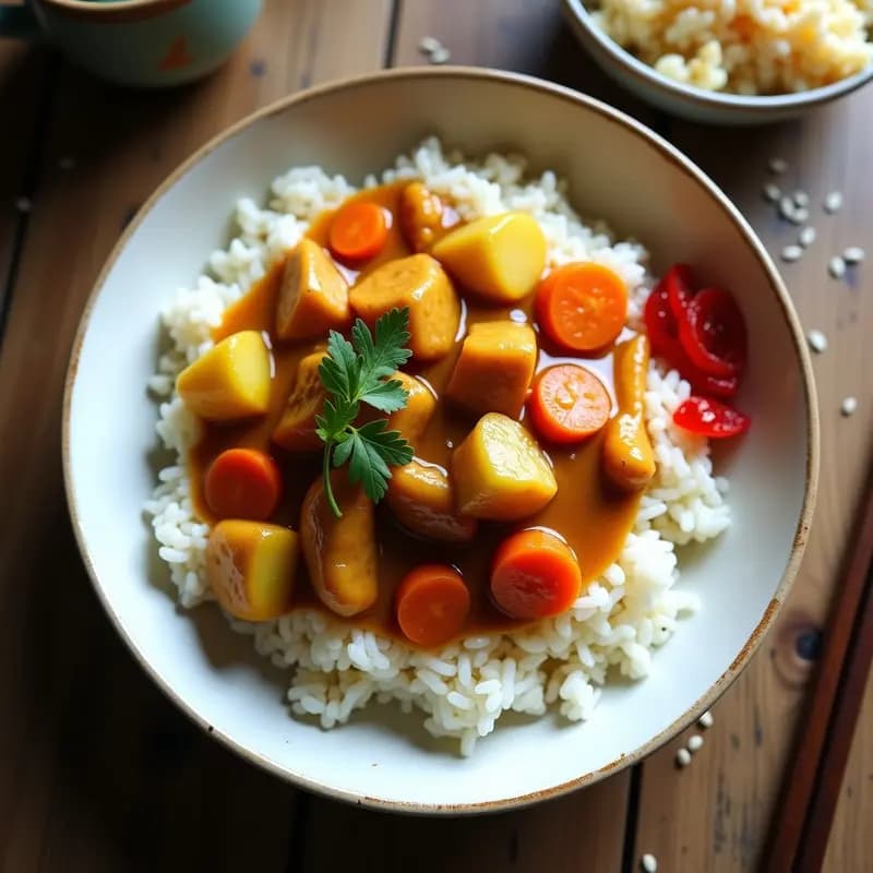 Plato hondo de cerámica blanca con curry japonés de pollo y zanahoria en salsa espesa dorada, servido sobre arroz basmati esponjoso, decorado con semillas de sésamo tostadas y rodajas de zanahoria glaseada.