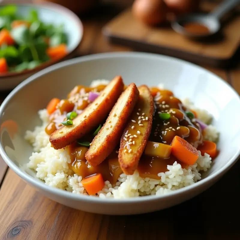 Plato hondo de porcelana blanca con curry japonés katsu de cerdo en salsa espesa dorada, filetes de cerdo empanados con almendra y coco cortados en tiras, arroz basmati esponjoso y semillas de sésamo negro espolvoreadas. Receta de curry katsu cerdo arroz basmati thermomix baja en carbohidratos.
