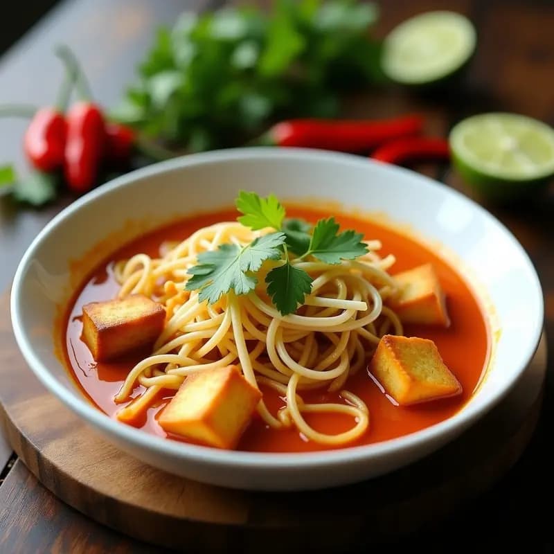Plato hondo de cerámica blanca con curry laska singapurense cremoso y picante, fideos de arroz anchos, cubos de tofu dorado, brotes de soja y cilantro fresco. Decorado con gajos de lima y rodajas de chile rojo sobre fondo de madera oscura.