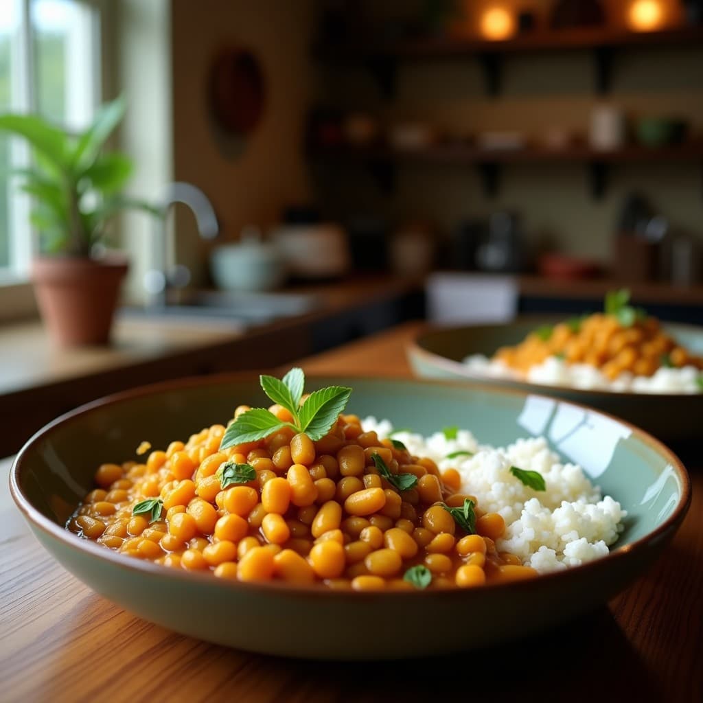 Plato hondo de cerámica blanca con curry de lentejas rojas y coco en Thermomix, de color dorado intenso, decorado con hojas de cilantro fresco y copos de coco tostado. Fondo con textura de madera rústica y utensilios de cocina tradicionales ceilaneses.