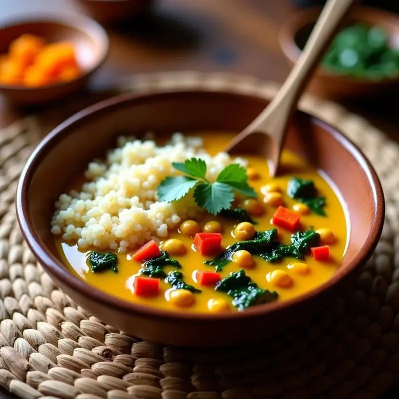Plato hondo de barro con curry de rocoto y quinoa vegano, salsa cremosa de color amarillo dorado, trozos de rocoto rojo, garbanzos y espinacas, decorado con cilantro fresco y servido con una cuchara de madera.
