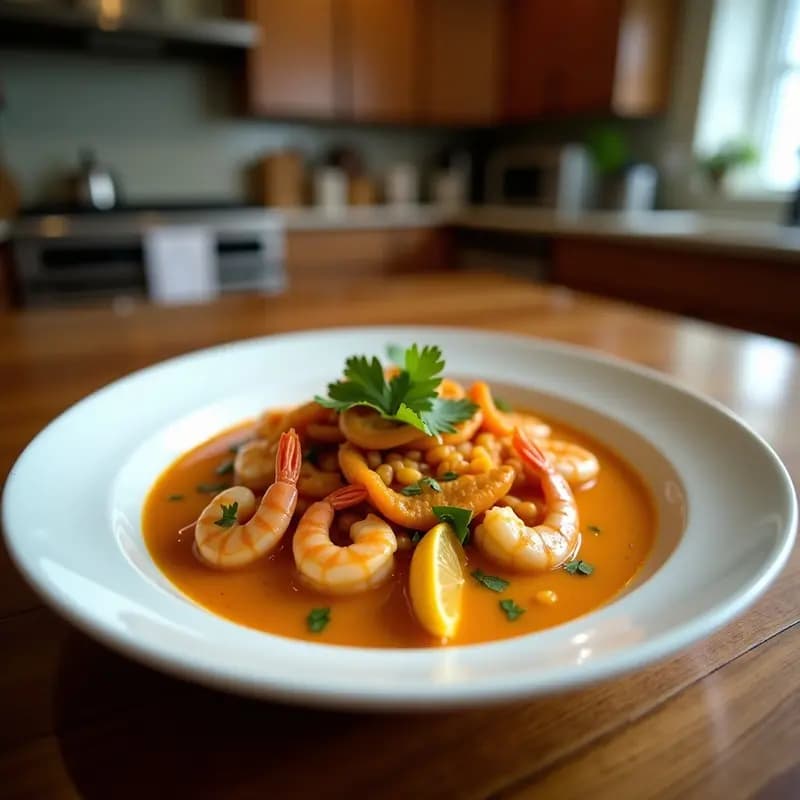 Wok negro con Curry Rojo Tailandés humeante, garnelos rosados, trozos dorados de ananás y pimiento rojo, decorado con cilantro fresco y almendras fileteadas. Plato vibrante con colores rojos, amarillos y verdes, servido sobre fondo de madera oscura.