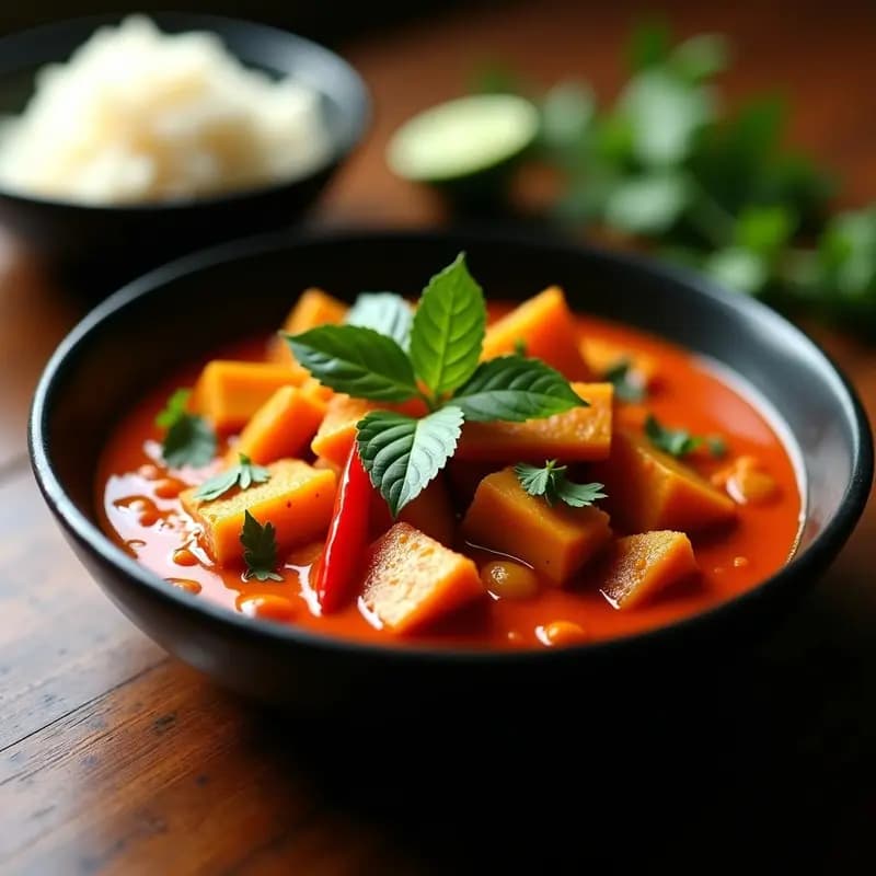 Bol hondo de barro con curry rojo tailandés espeso, cubos dorados de calabaza butternut, trozos de tempeh marinado, pimientos rojos y cebolla morada, decorado con cilantro fresco, cacahuetes tostados y rodajas de limón verde. Plato vegano alto en hierro con fondo de mesa rústica.