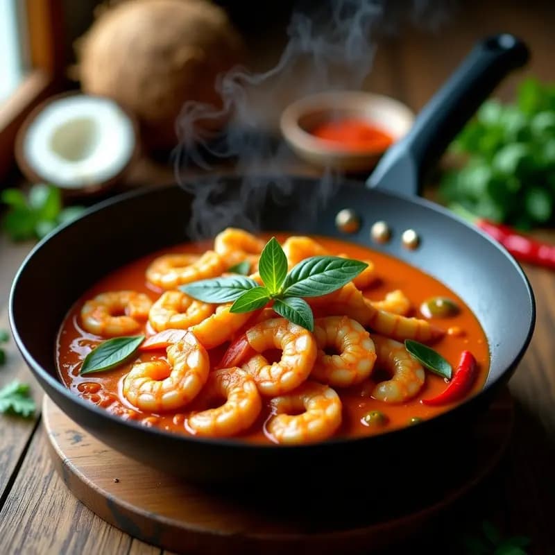 Wok humeante con curry rojo tailandés de camarones rosados y tiras de bambú dorado, bañado en salsa cremosa de leche de coco y especias, decorado con cilantro fresco y gajos de lime sobre fondo oscuro.