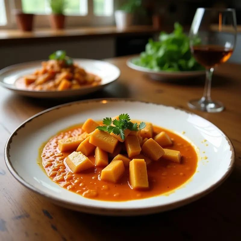 Olla negra con curry rojo tailandés cremoso, trozos dorados de tofu, pimiento rojo, calabacín y albahaca fresca, acompañado de arroz jazmín blanco, sobre un mantel de madera rústico.