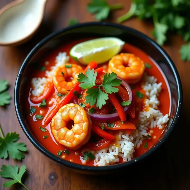 Wok de acero con curry rojo tailandés cremoso, langostinos rosados, pimiento rojo y hojas de lima kaffir, servido sobre arroz basmati blanco en un plato hondo de cerámica. Decorado con cilantro fresco y rodajas de lima.