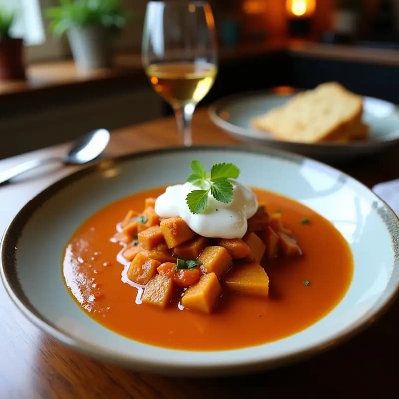 Olla de barro con curry rojo tailandés espeso, trozos de pollo, berenjena y pimiento rojo, decorado con hojas de albahaca fresca y ralladura de limón.
