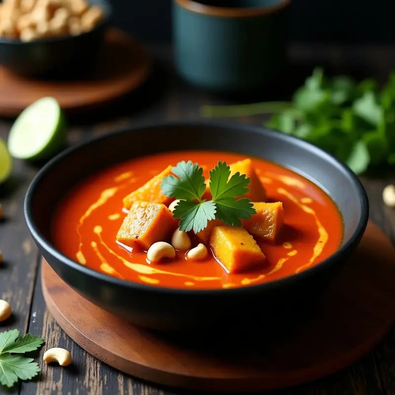 Cuenco hondo de cerámica negra con Curry Rojo Tailandés con seitán en trozos dorados, anacardos tostados y hojas de cilantro fresco, rodeado de hojas de limón kaffir y rodajas de lima, sobre un mantel de bambú.
