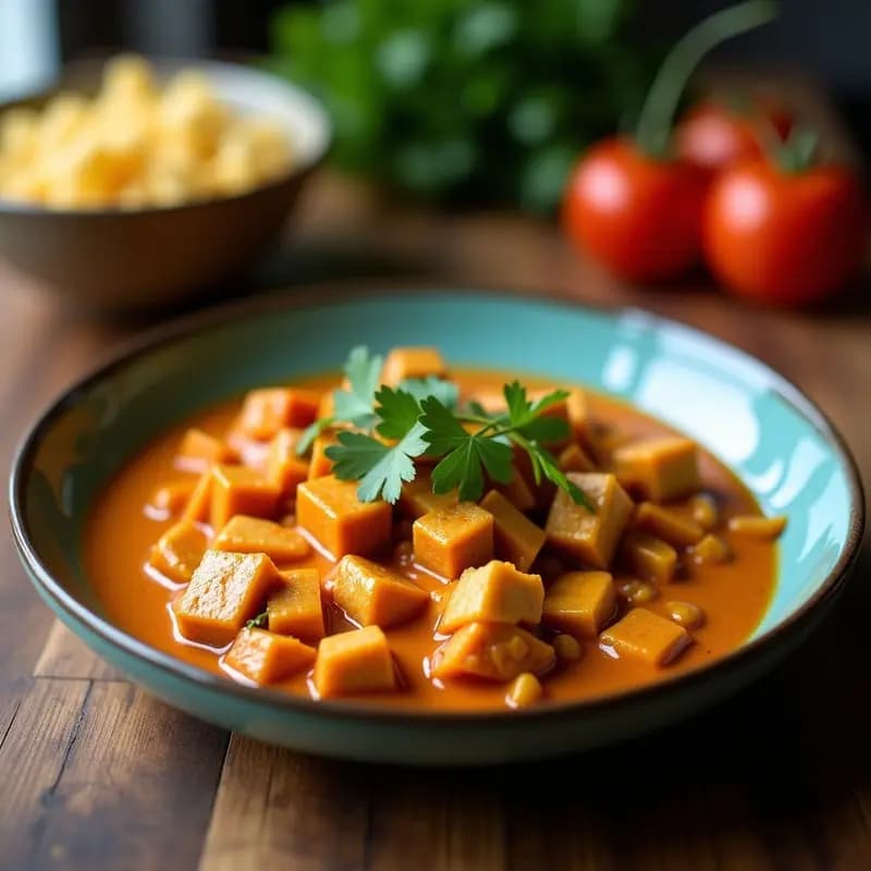 Plato hondo de cerámica blanca con curry rojo tailandés vegano, lleno de cubos dorados de tofo, trozos tiernos de calabaza kabocha naranja, pimiento rojo y cebolla morada, bañados en una salsa cremosa de coco y especias. Decorado con hojas frescas de albahaca tailandesa y rodajas de chile rojo, servido con arroz jazmín al lado.