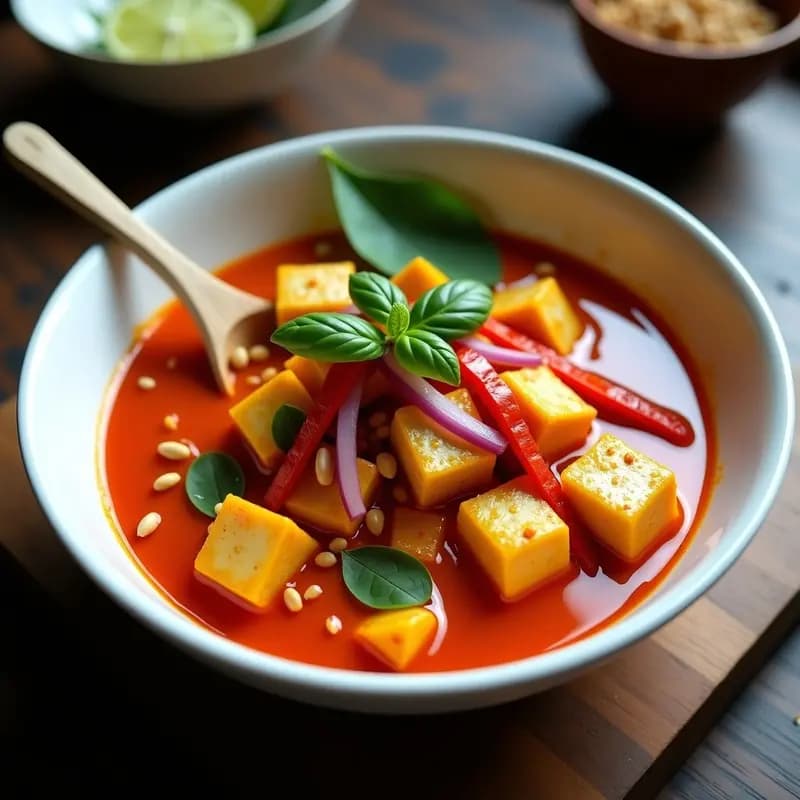 Bowl de porcelana blanca con curry rojo tailandés cremoso, tofu dorado, pimiento rojo y cebolla morada, decorado con albahaca fresca y cacahuetes tostados. Fondo rústico con cuchara de madera y rodaja de limón.