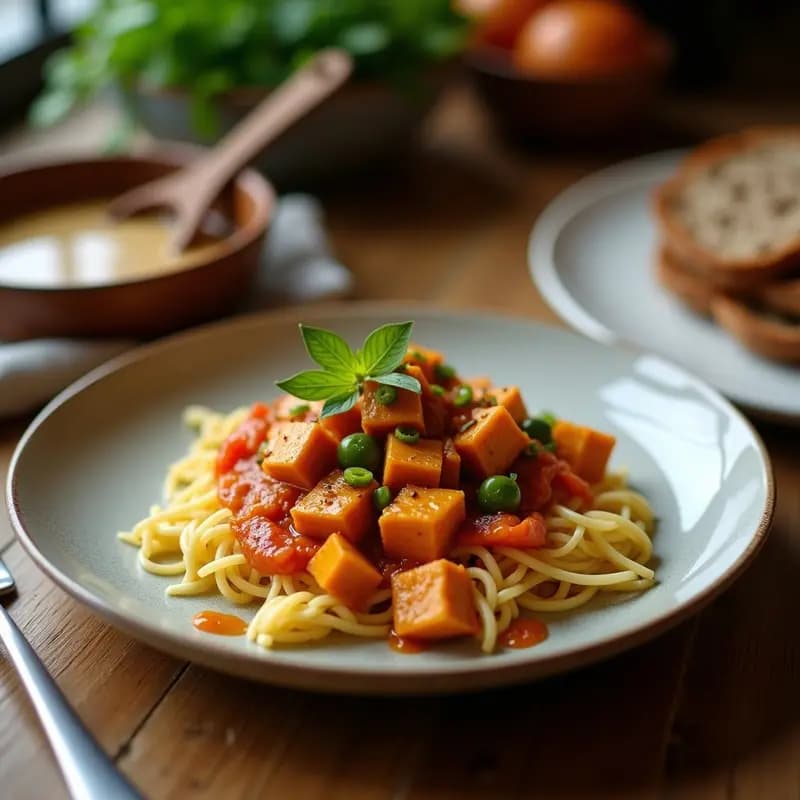 Plato hondo de cerámica blanca con curry rojo tailandés cremoso, tofu dorado, pimiento rojo, calabacín y albahaca, servido con arroz jazmín blanco.