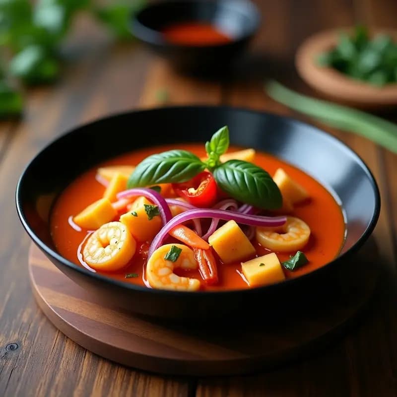 Plato hondo de cerámica negra con curry rojo tailandés cremoso, trozos de yuca dorada, camarones rosados, cebolla morada y pimiento rojo, decorado con hojas de albahaca tailandesa y rodajas de chile. Receta auténtica de cocina tailandesa.