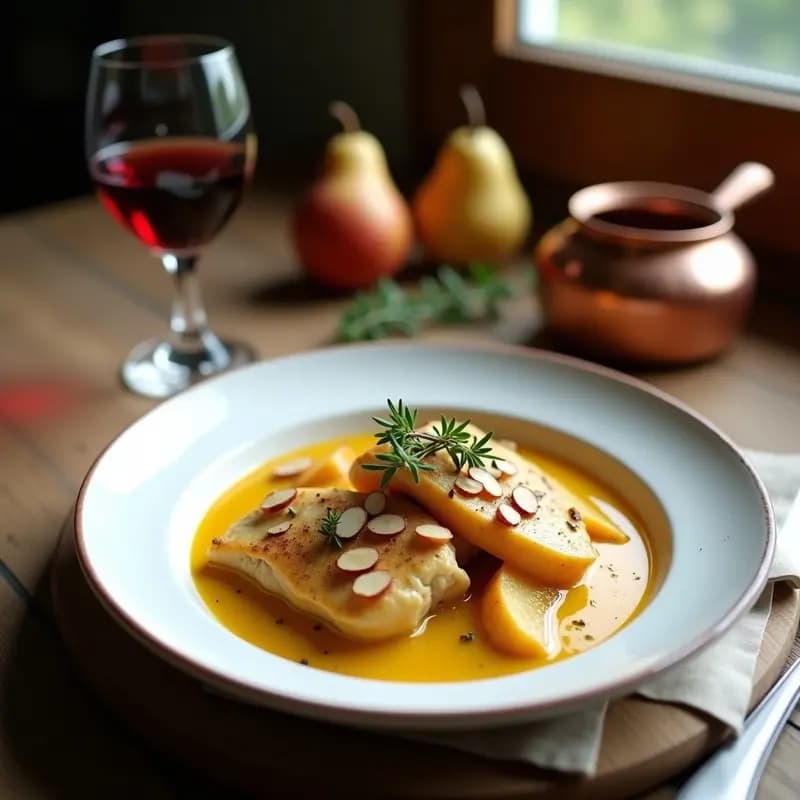 Plato hondo de cerámica blanca con curry cremoso de pollo y queso Roquefort, trozos de manzana y peras caramelizadas en vino tinto, decorado con almendras tostadas y ramitas de tomillo fresco.