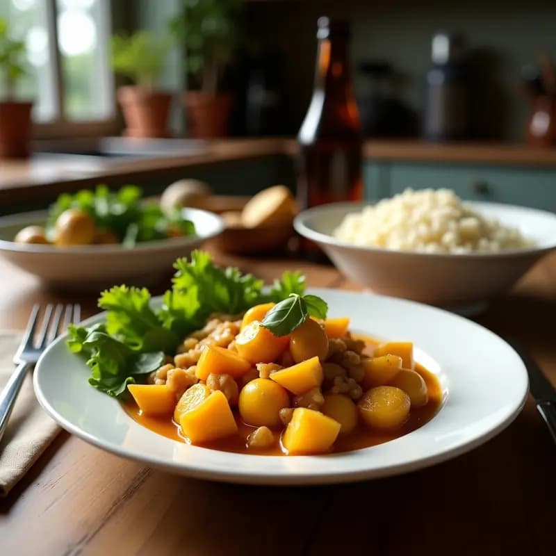 Wok con curry tai de pequeños y pollo, bañado en salsa de leche de coco y especias, decorado con hojas de albahaca tailandesa y rodajas de chile rojo.