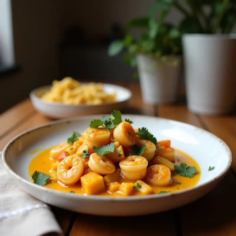 Sartén de hierro con curry tailandés de camarones rosados y cubos dorados de piña, bañados en una salsa roja cremosa. Decorado con cilantro fresco, hierba limón y cacahuetes picados sobre fondo rústico de madera.